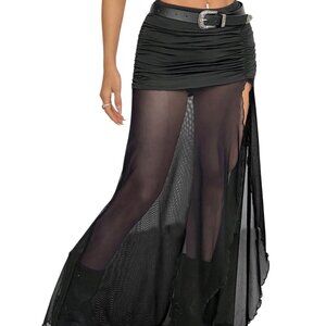 Y2K Gothic Sheer Mesh Ruched High-Slit Maxi Skirt – Sexy Rave Low Waist Clubwear